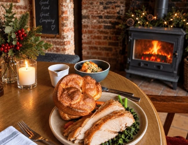 Book Christmas Lunch at The Cockerel | Christmas Menu | Christmas Dinner Roast Turkey in Wimborne